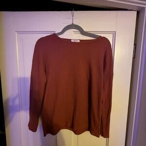 Ekouaer Women's Waffle Knit Loose Pullover Sweater in Rust Red
